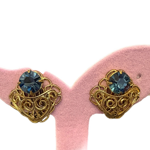 Vintage Gold Colour Filigree Sapphire Blue Glass Crystal Clip-On Earrings